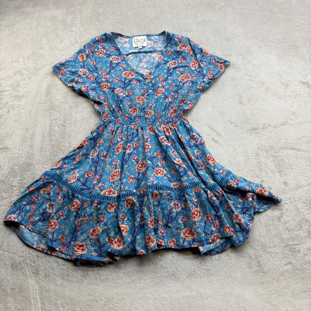 Anthropologie Sunday Mi Amor Dress Womens M Blue Floral Smocked Waist Boho Mini
